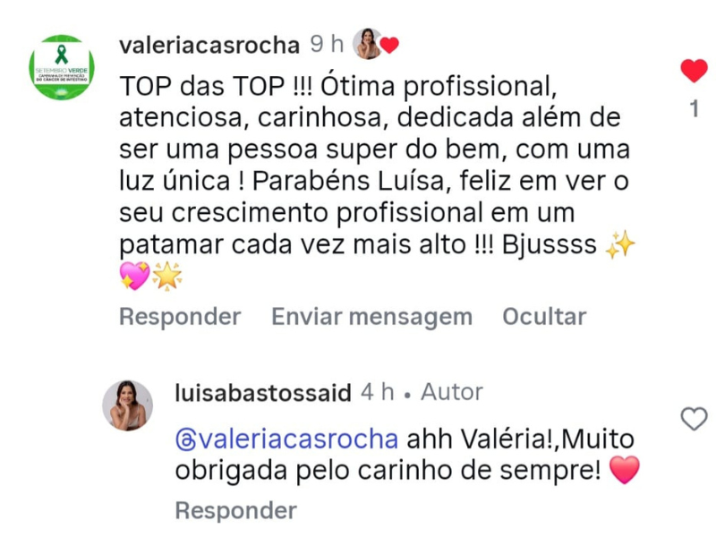 Comentário de paciente no Instagram - Depoimento 1