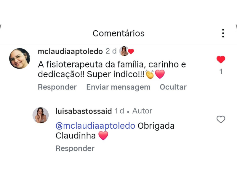 Comentário de paciente no Instagram - Depoimento 2